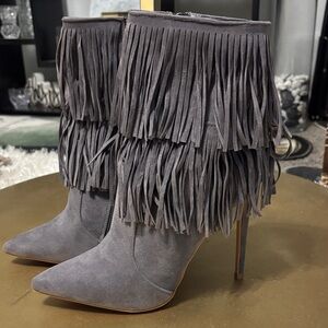 Shoe Republic LA Charcoal Fringe Heeled Boots